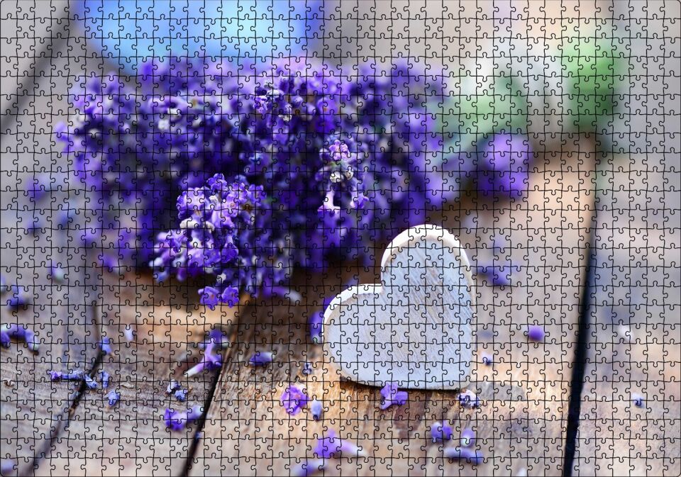 Masada Buket Lavanta ve Tahta Kalp Puzzle Yapboz MDF Ahşap 1000 Parça 49 cm X 68 cm