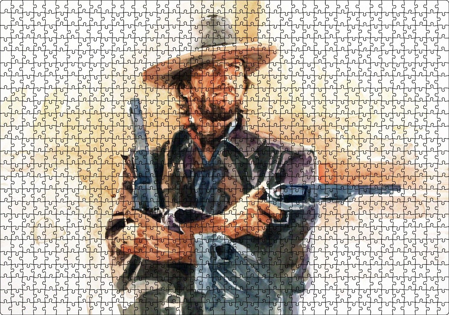 Clint Eastwood ve Çift Silahı Sulu Boya Efekti Puzzle Yapboz MDF Ahşap 1000 Parça 49 cm X 68 cm