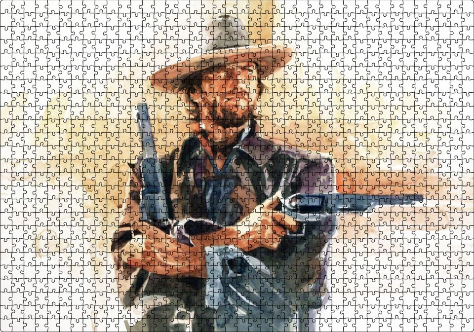 Clint Eastwood ve Çift Silahı Sulu Boya Efekti Puzzle Yapboz MDF Ahşap 1000 Parça 49 cm X 68 cm