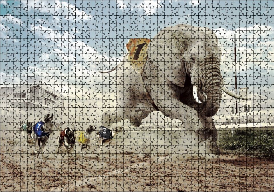 Köpek Yarışına Katılan Fil İllüstrasyon Puzzle Yapboz MDF Ahşap 1000 Parça 49 cm X 68 cm