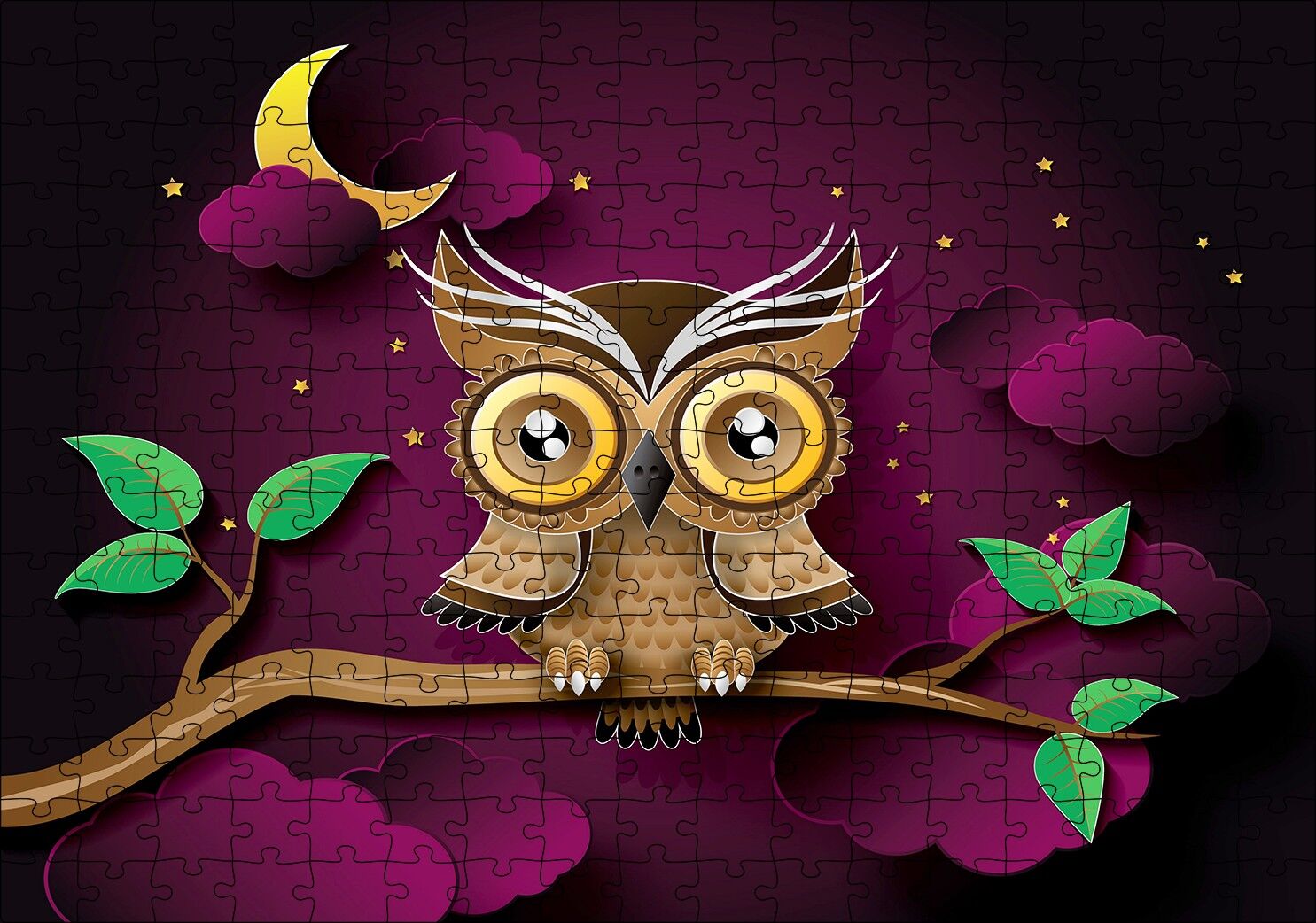Daldaki Kahverengi Sarı Baykuş Mor Arka Plan Puzzle Yapboz MDF Ahşap 255 Parça 34 cm X 49 cm