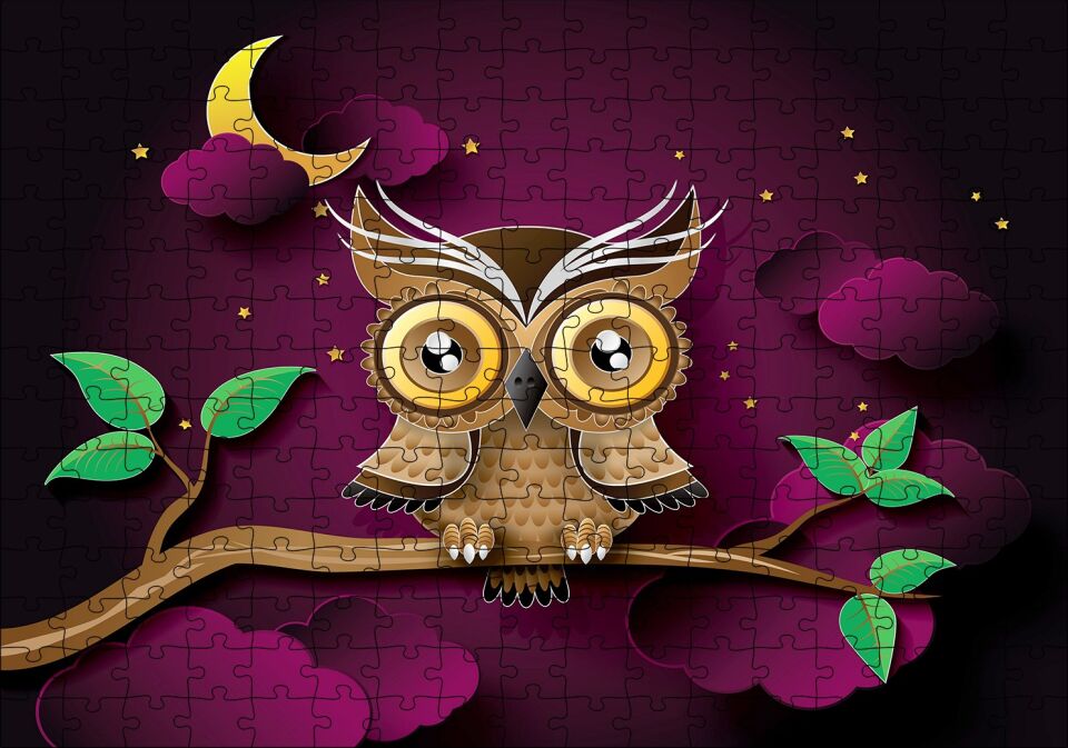 Daldaki Kahverengi Sarı Baykuş Mor Arka Plan Puzzle Yapboz MDF Ahşap 255 Parça 34 cm X 49 cm