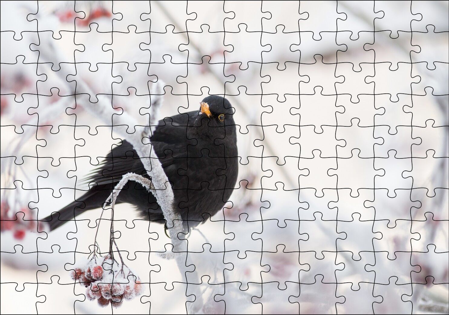 Karlı Dalların Üzerindeki Karatavuk Puzzle Yapboz MDF Ahşap