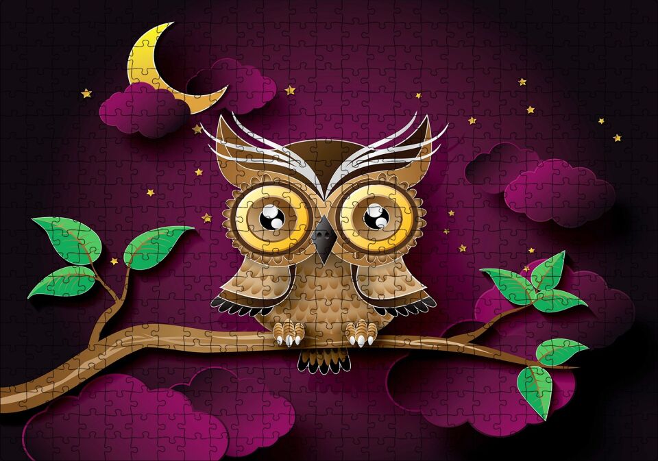 Daldaki Kahverengi Sarı Baykuş Mor Arka Plan Puzzle Yapboz MDF Ahşap 500 Parça 49 cm X 68 cm