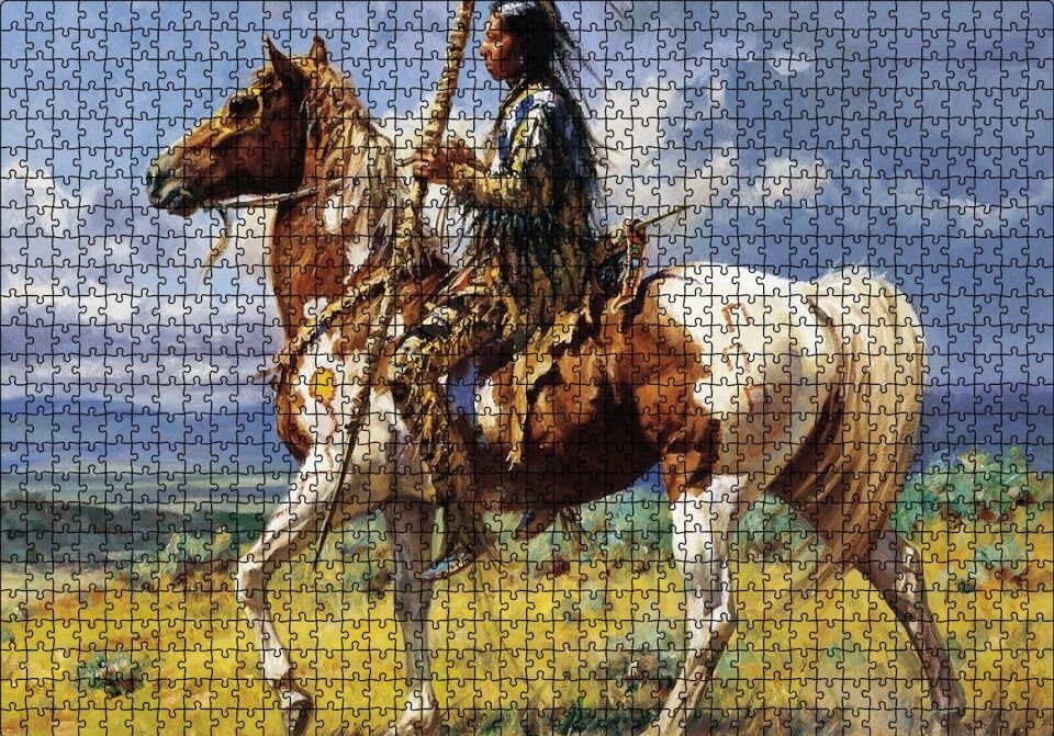 Atlı Avcı Kızılderili Puzzle Yapboz MDF Ahşap 1000 Parça 49 cm X 68 cm