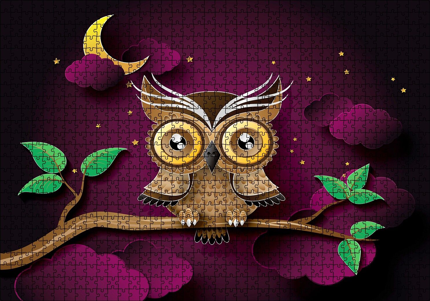 Daldaki Kahverengi Sarı Baykuş Mor Arka Plan Puzzle Yapboz MDF Ahşap 1000 Parça 49 cm X 68 cm