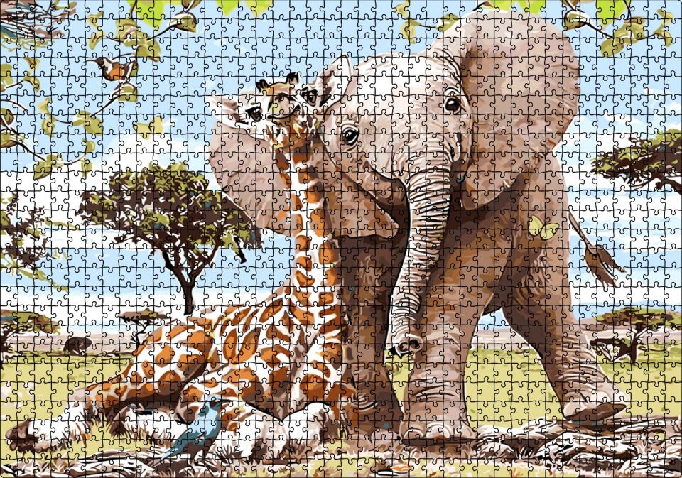 Zurafa Fil Karga Puzzle Yapboz MDF Ahşap 1000 Parça 49 cm X 68 cm