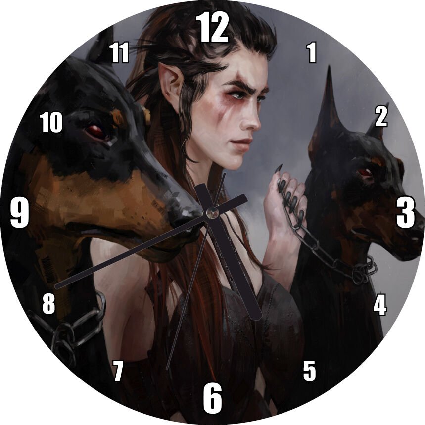 Elf Kızı ve İki Doberman Köpeği Mdf Ahşap Duvar Saati