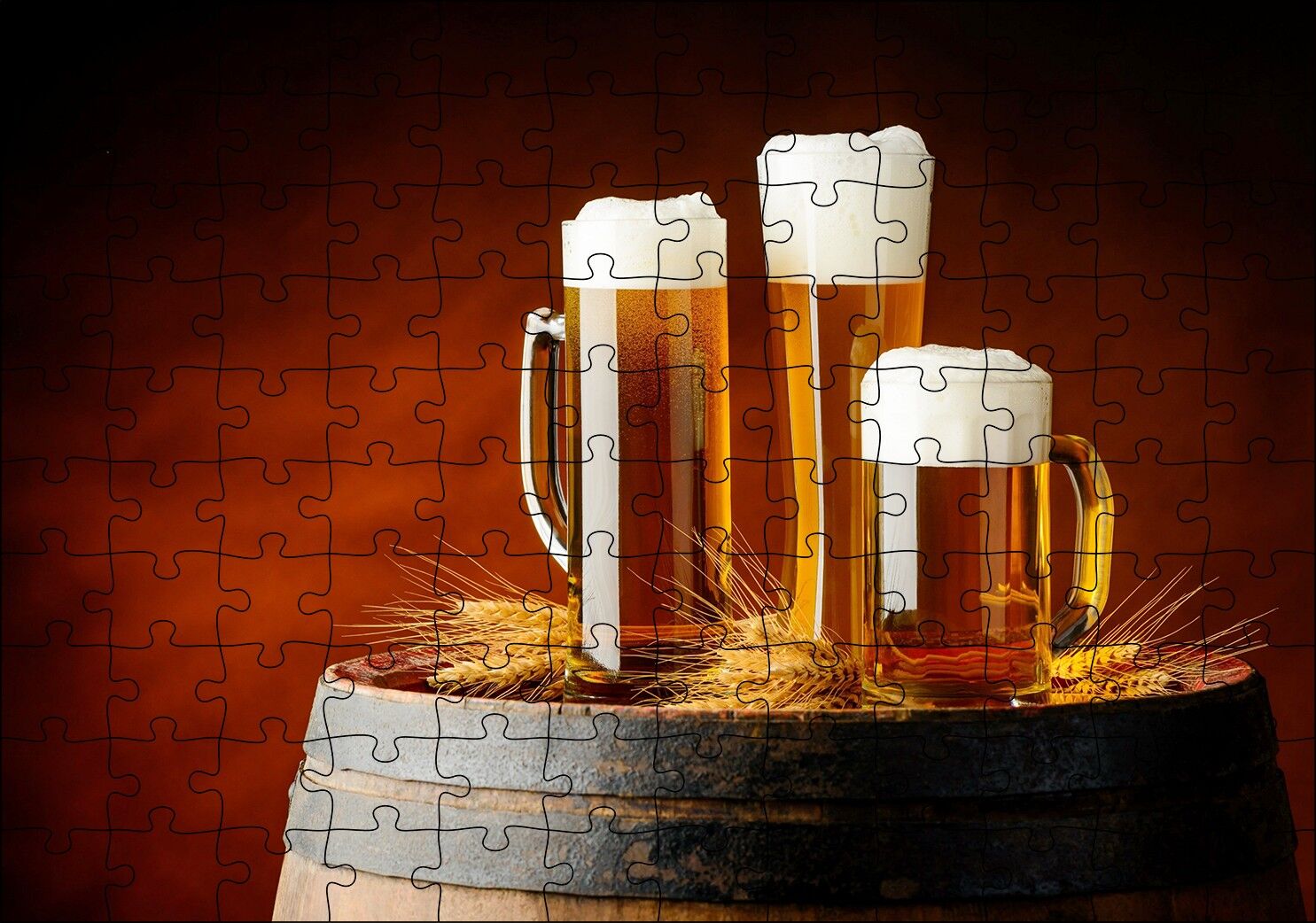 Fıçı Üzerinde Başaklar ve Köpüklü Biralar Puzzle Yapboz MDF Ahşap 120 Parça 24 cm X 34 cm