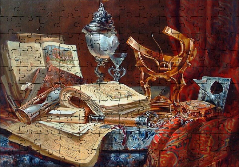 Eski Kitaplar Kum Saati Dürbün ve Usturlab Puzzle Yapboz MDF Ahşap 120 Parça 24 cm X 34 cm