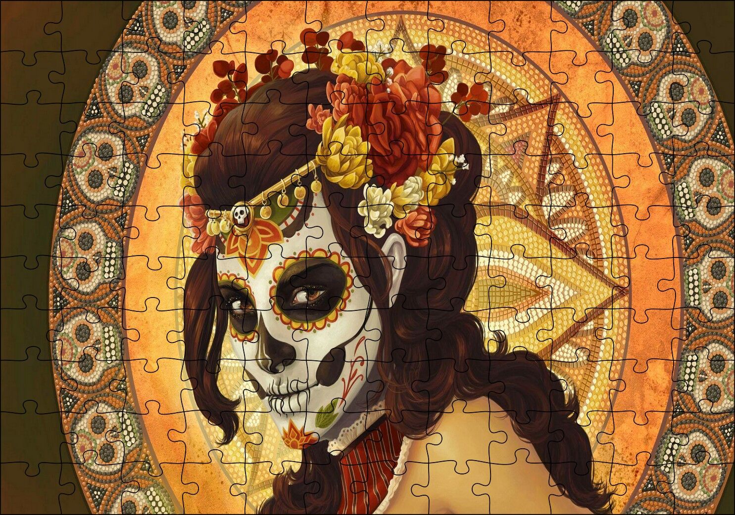 Ölü Gelin ve Arkasında Kurukafa Desenleri Puzzle Yapboz MDF Ahşap 120 Parça 24 cm X 34 cm