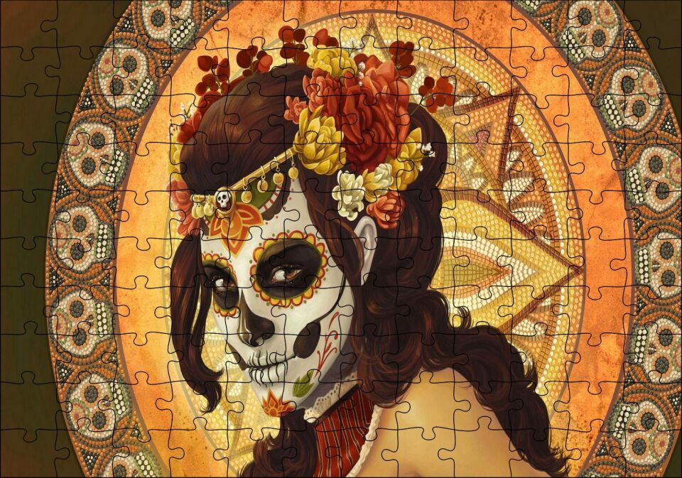 Ölü Gelin ve Arkasında Kurukafa Desenleri Puzzle Yapboz MDF Ahşap 120 Parça 24 cm X 34 cm