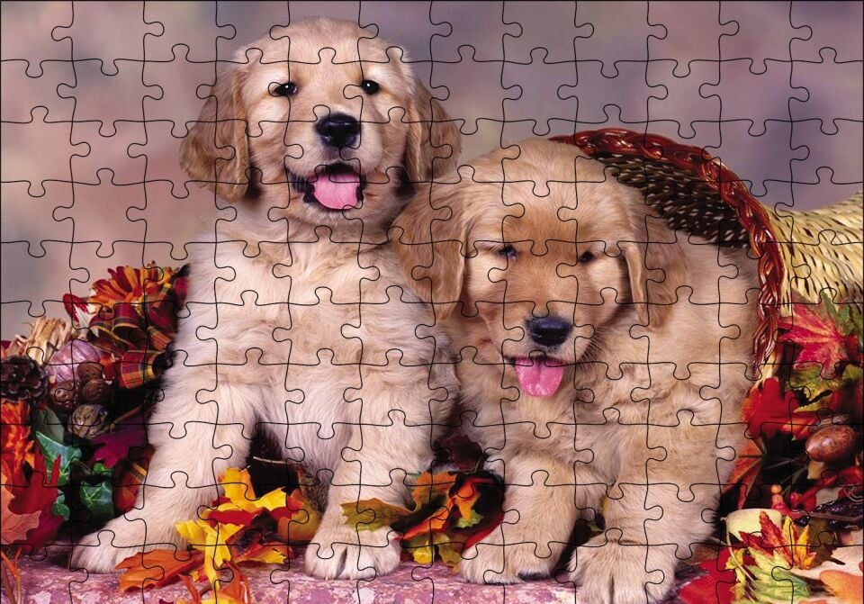 Sepetteki Yavru Köpekler Puzzle Yapboz MDF Ahşap
