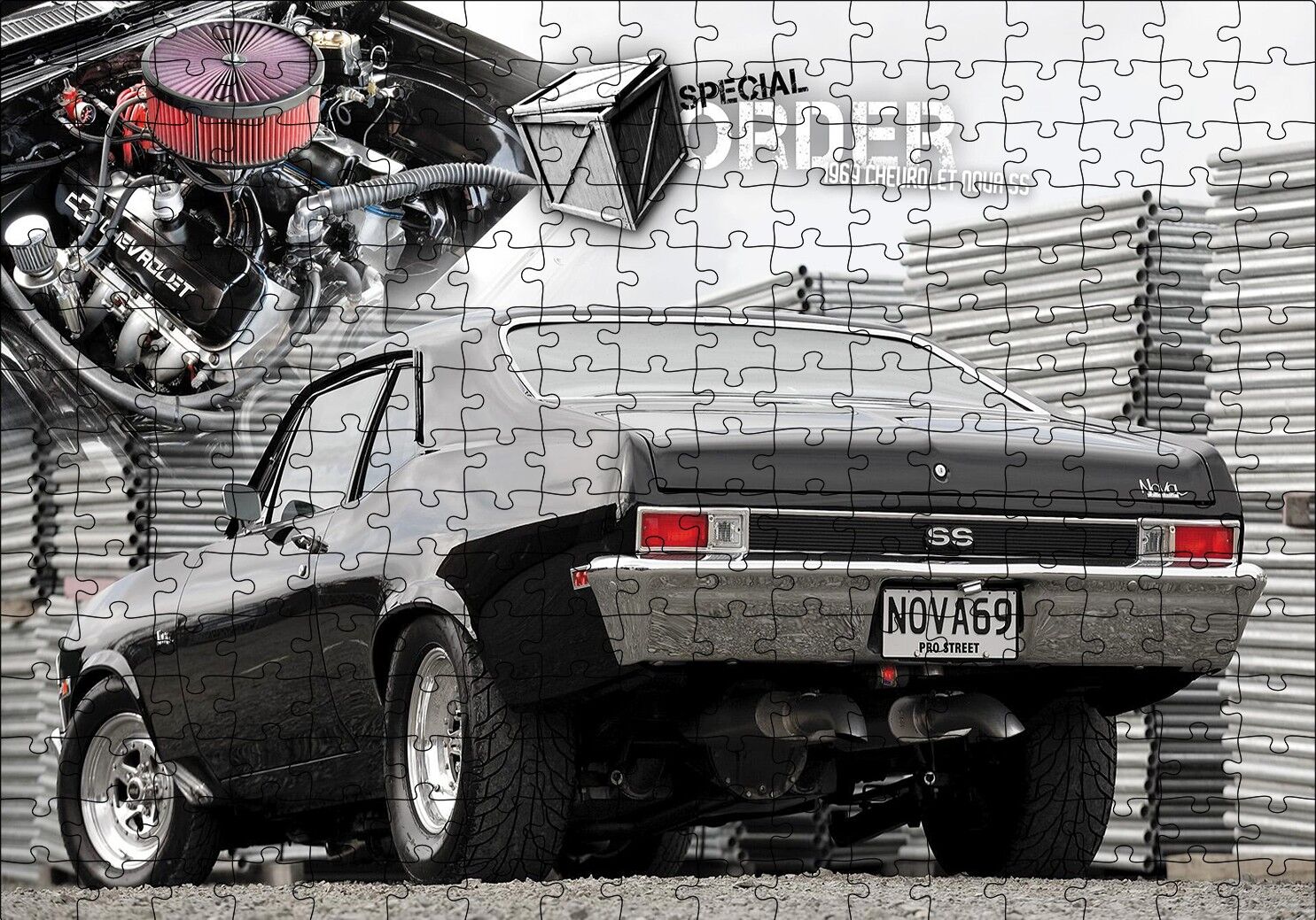 1969 Chevrolet Nova Arka Görünüş Puzzle Yapboz MDF Ahşap 255 Parça 34 cm X 49 cm