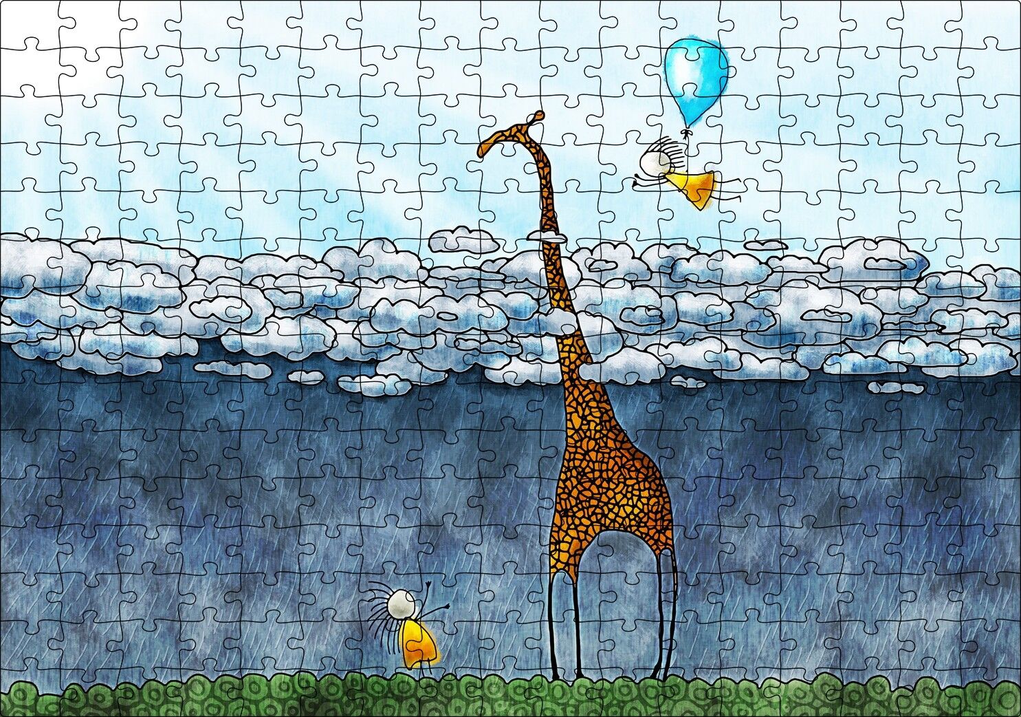 Zürafa İki Çocuk Bulutlar Boyama Sanat Eseri Puzzle Yapboz MDF Ahşap 255 Parça 34 cm X 49 cm