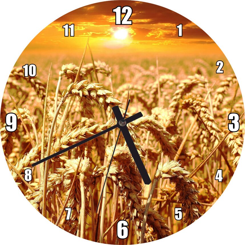 Eğilmiş Buğday Başakları ve Günbatımı Mdf Ahşap Duvar Saati