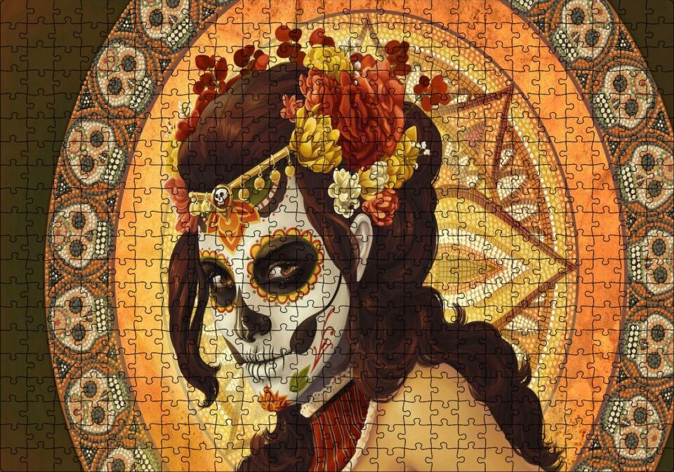 Ölü Gelin ve Arkasında Kurukafa Desenleri Puzzle Yapboz MDF Ahşap 500 Parça 49 cm X 68 cm