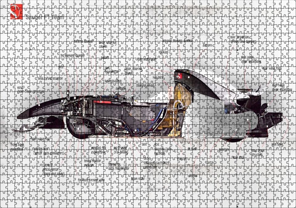 F1 Arabasının Anatomisi Görseli Puzzle Yapboz MDF Ahşap 1000 Parça 49 cm X 68 cm
