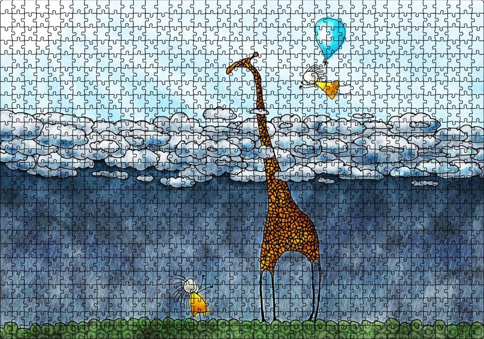 Zürafa İki Çocuk Bulutlar Boyama Sanat Eseri Puzzle Yapboz MDF Ahşap 1000 Parça 49 cm X 68 cm