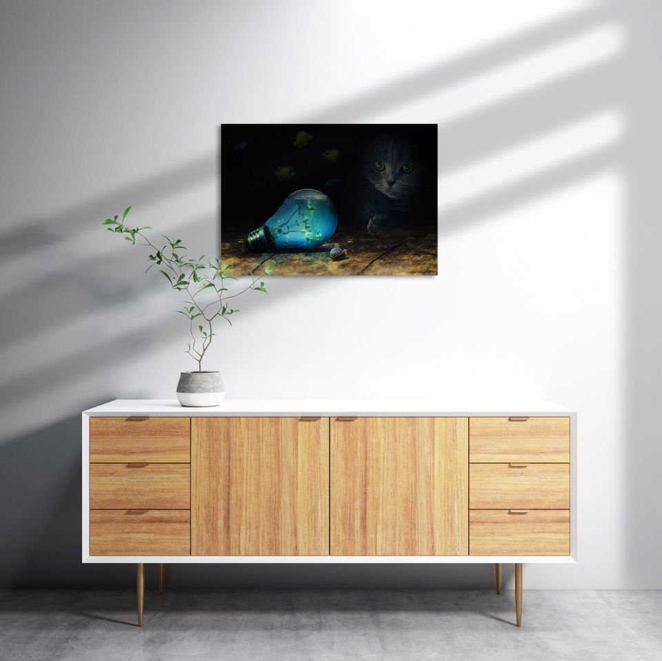 Ampul Balıklar Kedi Mavi Salyangoz MDF Akşap Duvar Tablo 50x70 cm