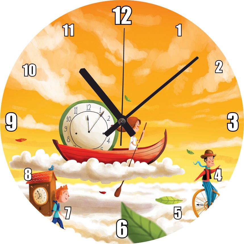 Düşler Ülkesinde Bulutlar Çocuklar ve Saatler Mdf Ahşap Duvar Saati