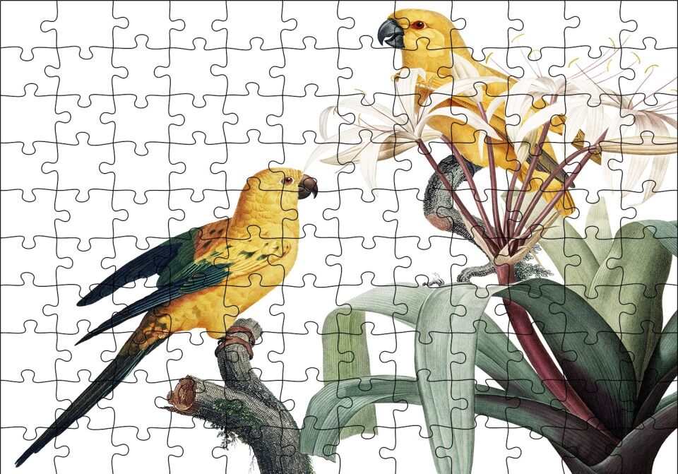 Dallar Arasında Sarı Papağanlar Gravür Puzzle Yapboz MDF Ahşap