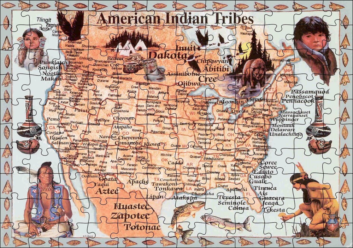 Kansas Bölgeside Yaşayan Kızılderili Haritası Görseli Puzzle Yapboz MDF Ahşap