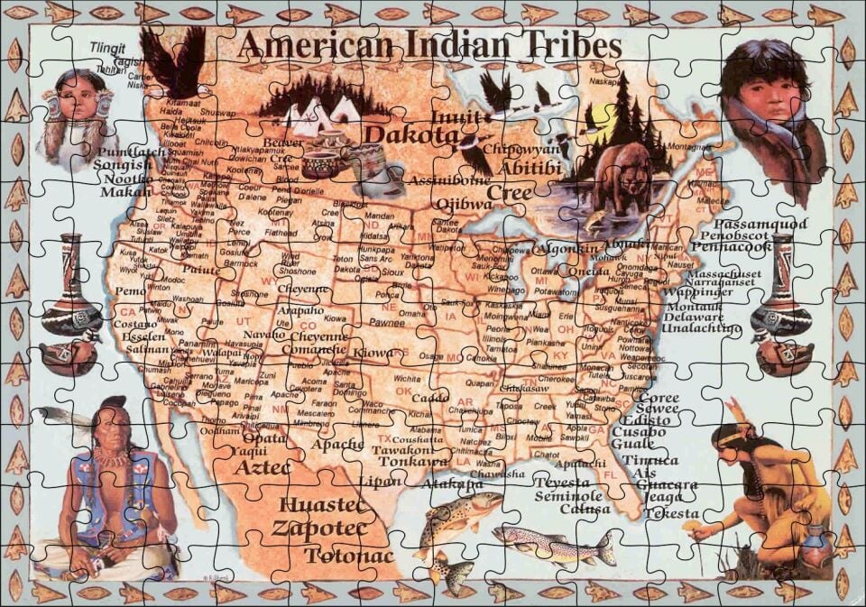 Kansas Bölgeside Yaşayan Kızılderili Haritası Görseli Puzzle Yapboz MDF Ahşap