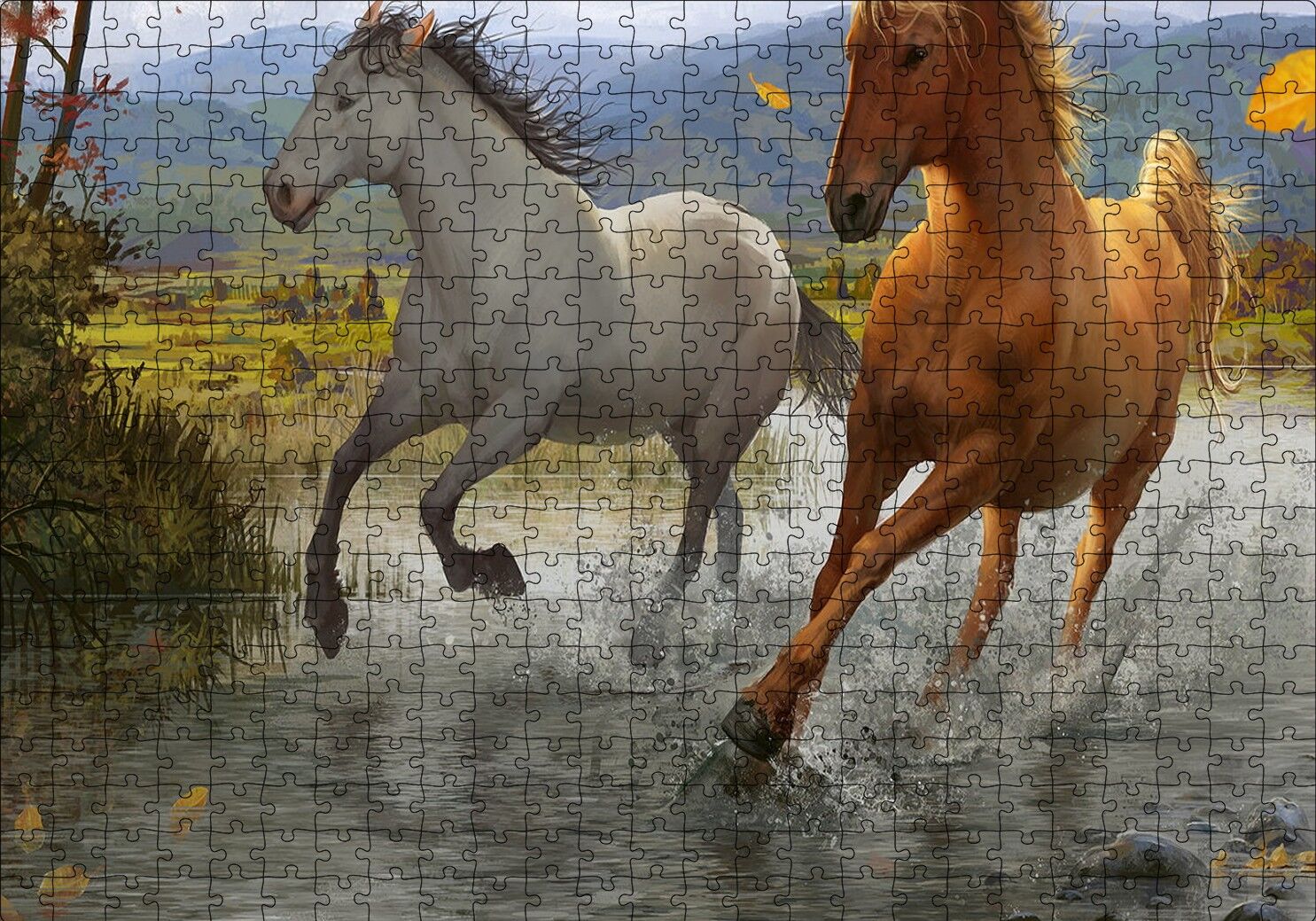 Kahverengi ve Beyaz Koşan Atlar Çizim Puzzle Yapboz MDF Ahşap 500 Parça 49 cm X 68 cm