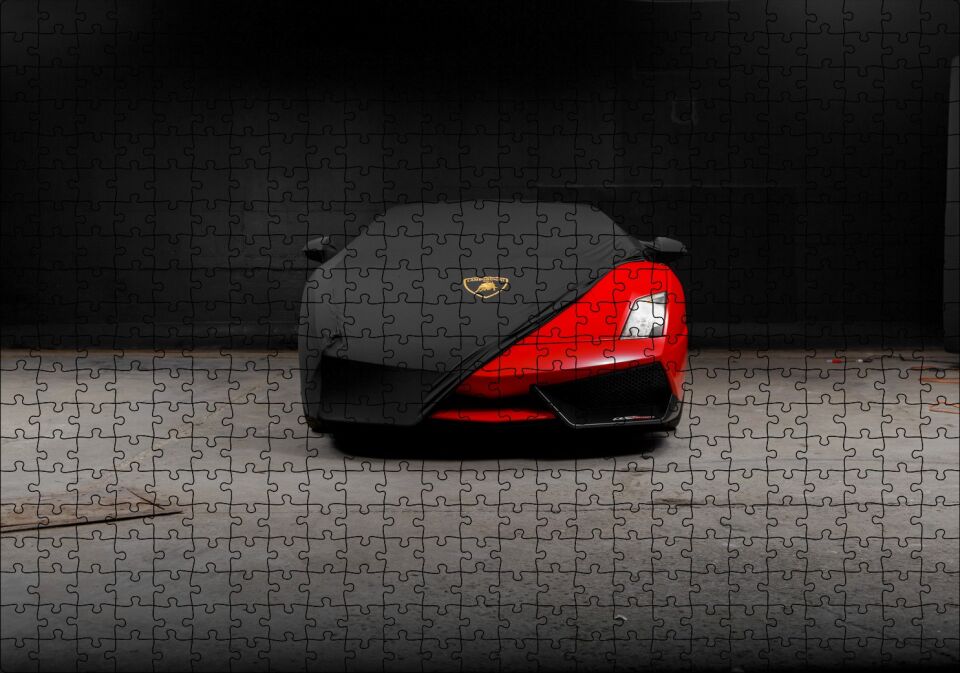 Siyah Örtülü Kırmızı Lamborghini Puzzle Yapboz MDF Ahşap 500 Parça 49 cm X 68 cm