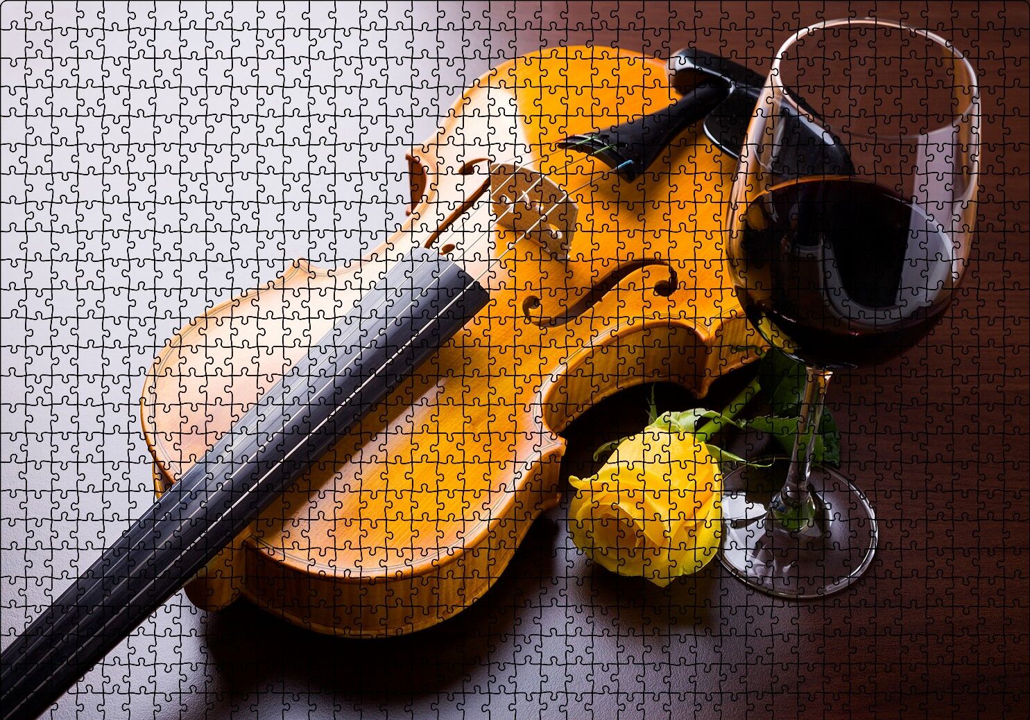 Kırmızı Şarap, Keman ve Sarı Gül Puzzle Yapboz MDF Ahşap 1000 Parça 49 cm X 68 cm