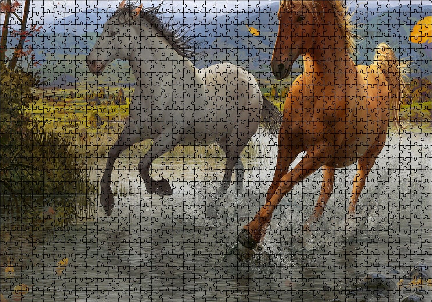Kahverengi ve Beyaz Koşan Atlar Çizim Puzzle Yapboz MDF Ahşap 1000 Parça 49 cm X 68 cm