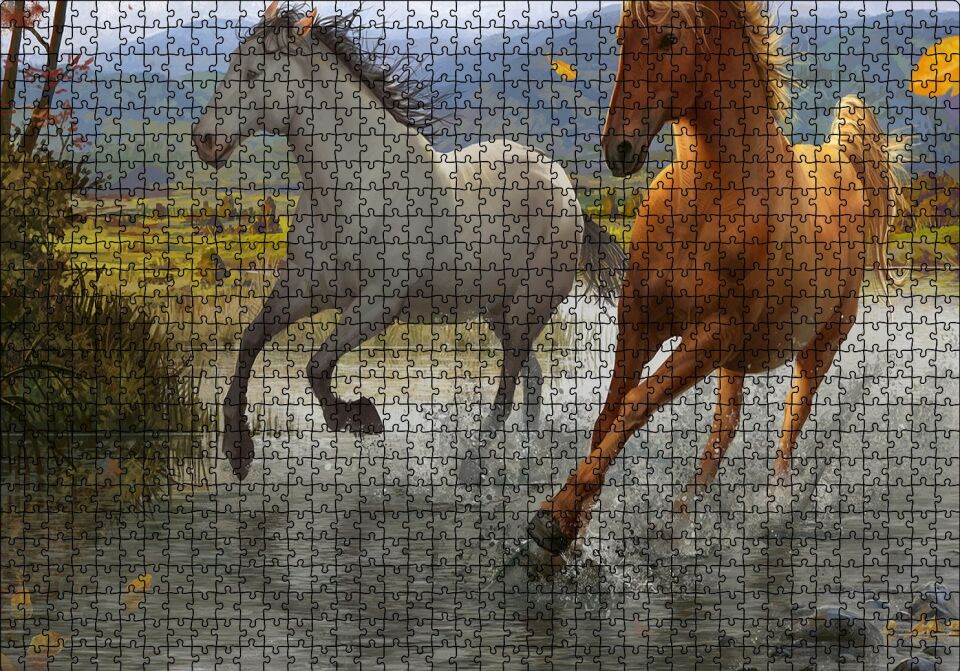 Kahverengi ve Beyaz Koşan Atlar Çizim Puzzle Yapboz MDF Ahşap 1000 Parça 49 cm X 68 cm