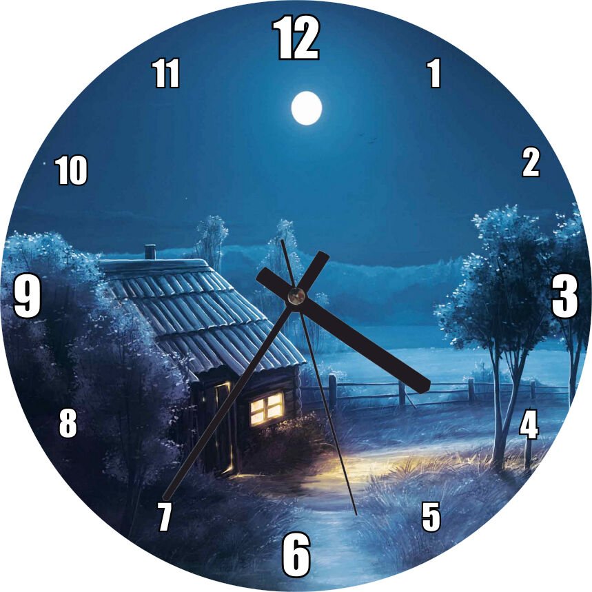 Dolunayda Şirin Kulübe ve Bahçede Ağaçlar Mdf Ahşap Duvar Saati