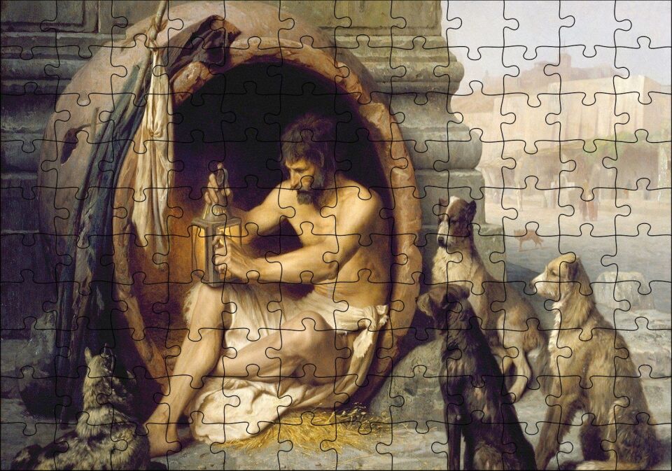 Fıçının İçindeki Diogenes ve Köpekler Puzzle Yapboz MDF Ahşap 120 Parça 24 cm X 34 cm