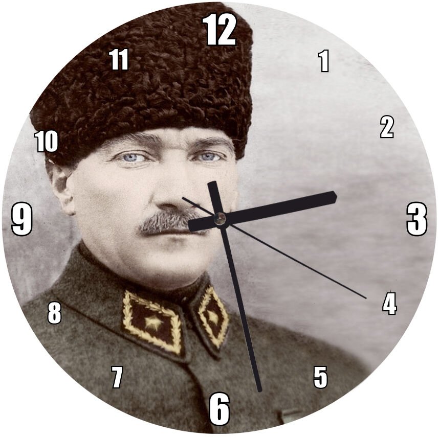 Kalpaklı Atatürk Portresi Renkli Görsel Mdf Ahşap Duvar Saati 50 cm Çap