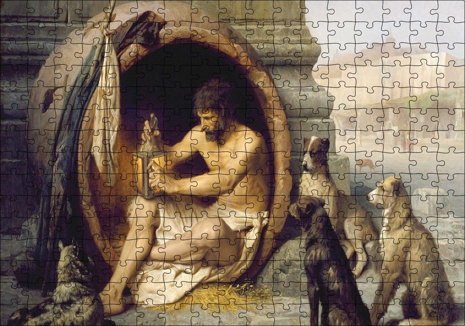 Fıçının İçindeki Diogenes ve Köpekler Puzzle Yapboz MDF Ahşap 255 Parça 34 cm X 49 cm
