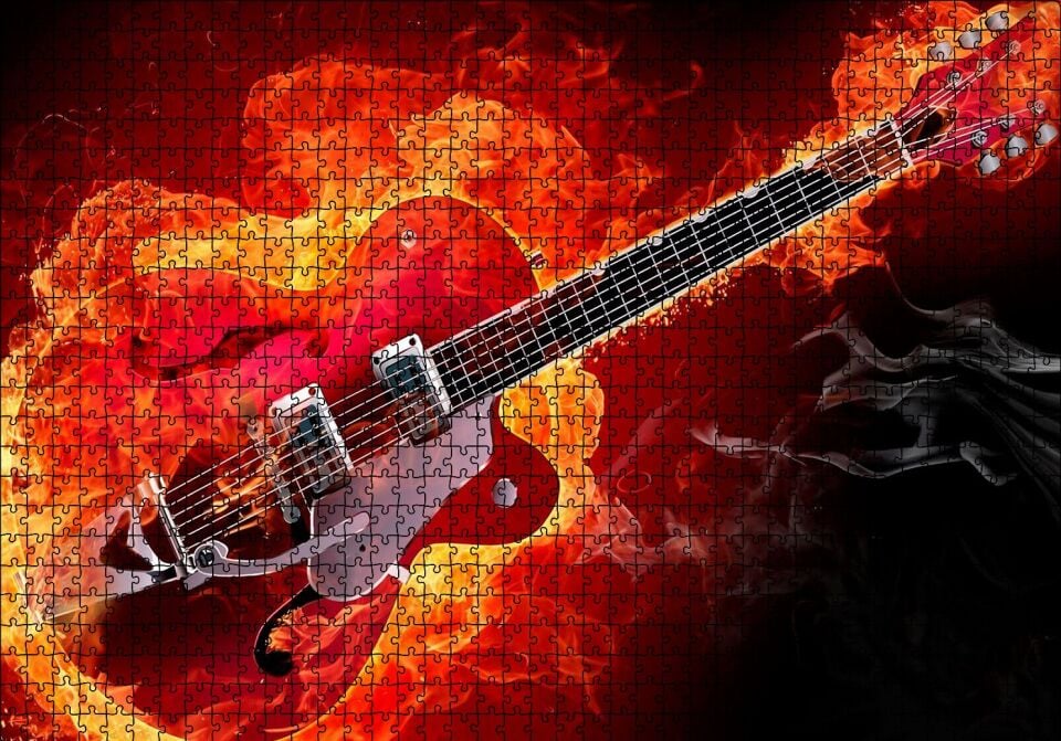 Kırmızı Elektrogitar Alevler İçinde Puzzle Yapboz MDF Ahşap 1000 Parça 49 cm X 68 cm