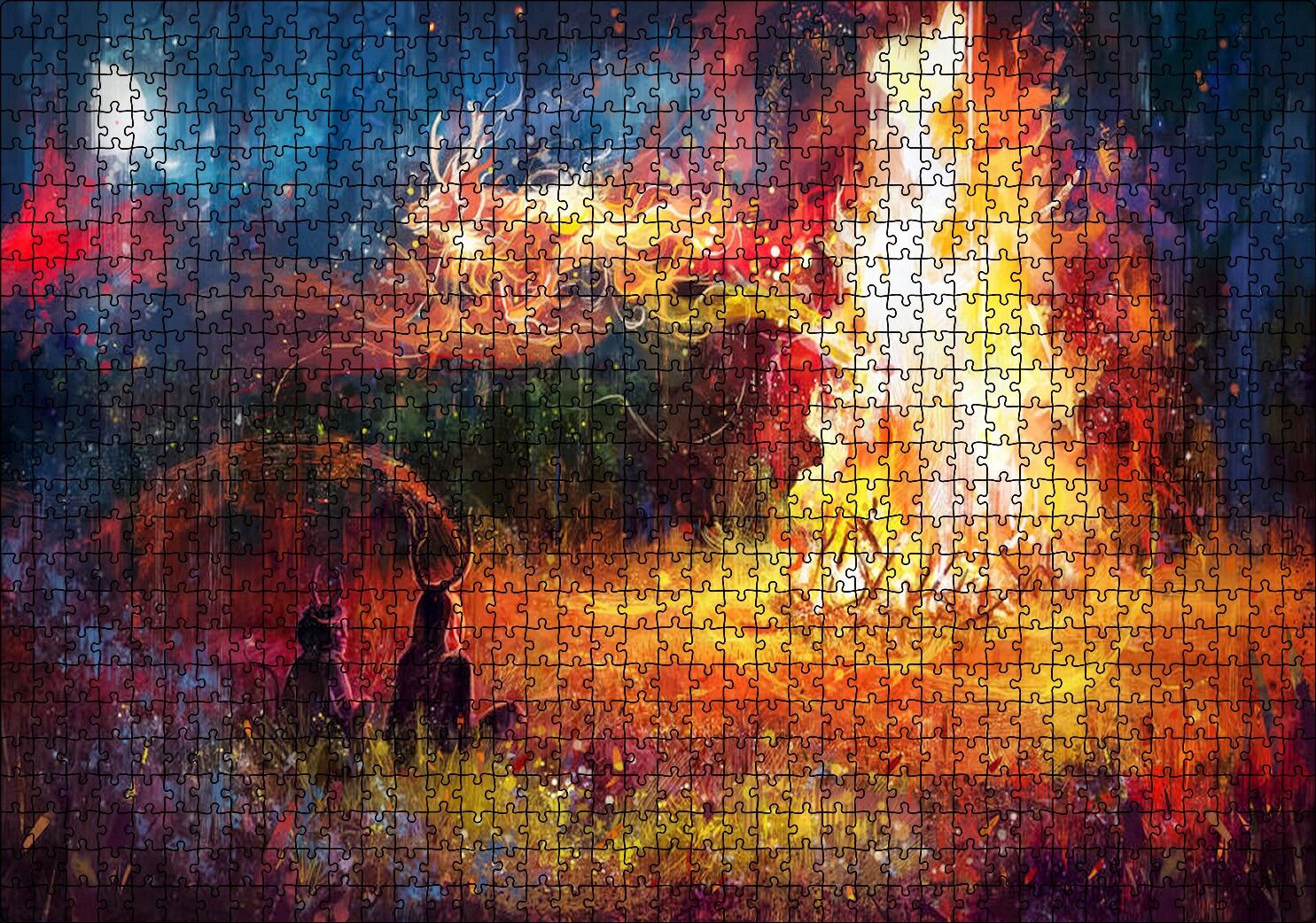 Gece Ormanda Kamp Ateşi ve Yüksek Alevler Puzzle Yapboz MDF Ahşap 1000 Parça 49 cm X 68 cm