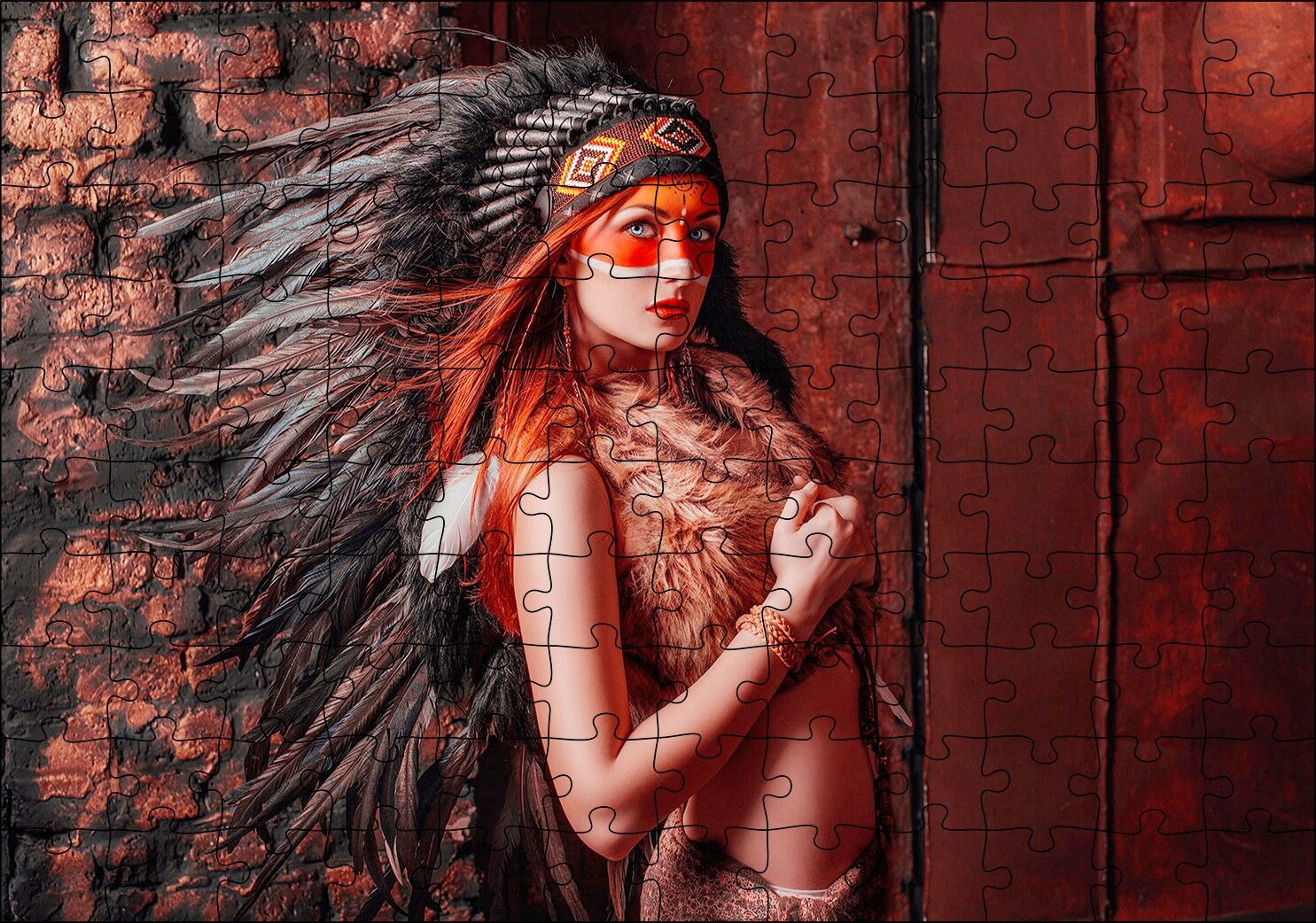 Kırmızı Işık Üstüne Yansımız Kızılderi Kıyafetli Kadın Görseli Puzzle Yapboz MDF Ahşap