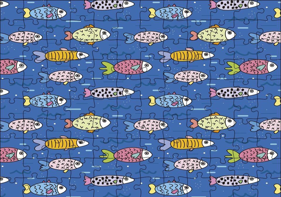 Denizde Sevimli Balıklar Karikatürize Puzzle Yapboz MDF Ahşap