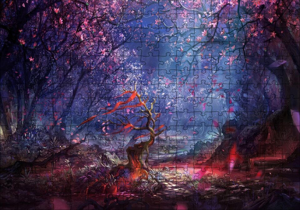 Fantazi Sanat Ağaçlar Ve Nehir Görseli Puzzle Yapboz MDF Ahşap 255 Parça 34 cm X 49 cm
