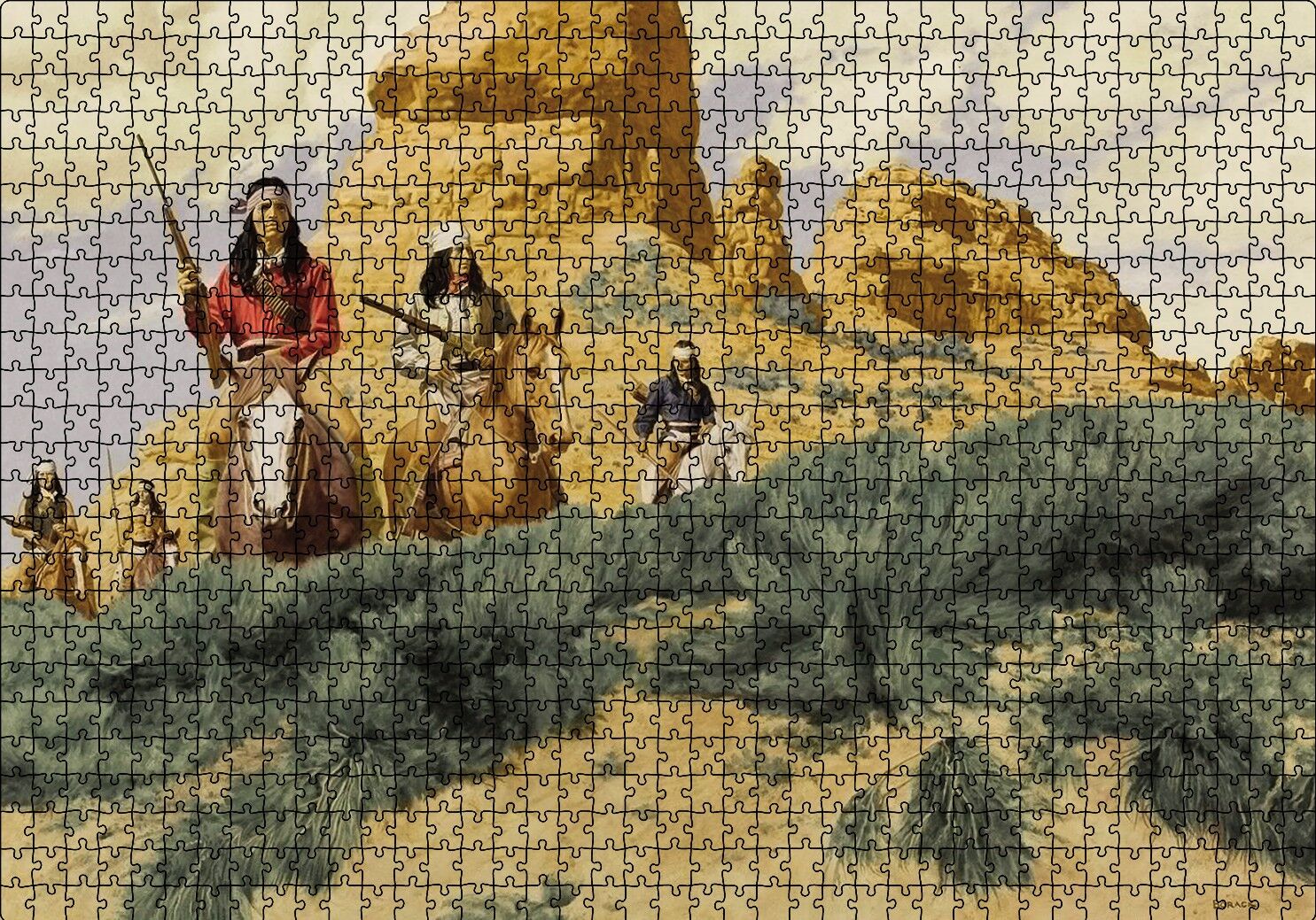 Kızılderiler Atlar Silahlar Puzzle Yapboz MDF Ahşap 1000 Parça 49 cm X 68 cm