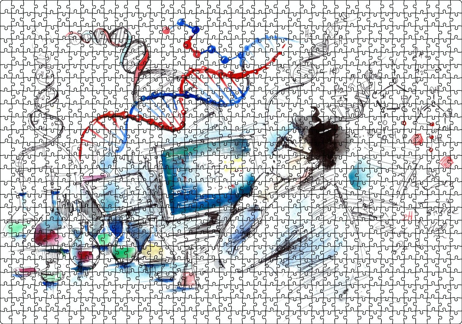 Suluboya Efekt Bilim Adamı ve Ekipmanları Puzzle Yapboz MDF Ahşap 1000 Parça 49 cm X 68 cm
