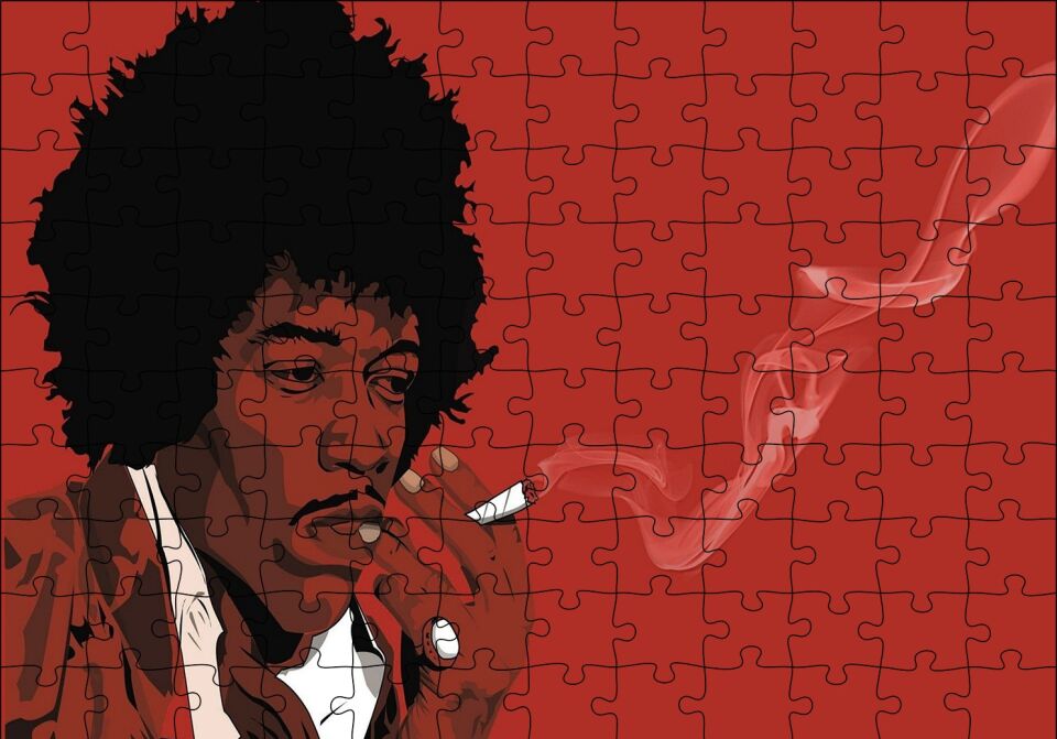 Jimi Hendrix Sigara İçiyor Kırmızı Zemin Çizim Puzzle Yapboz MDF Ahşap