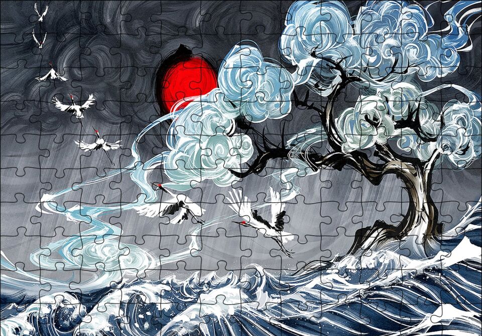 Leylekler Dalgalı Deniz Ağaç ve Güneş Yağlı Boya Puzzle Yapboz MDF Ahşap 120 Parça 24 cm X 34 cm