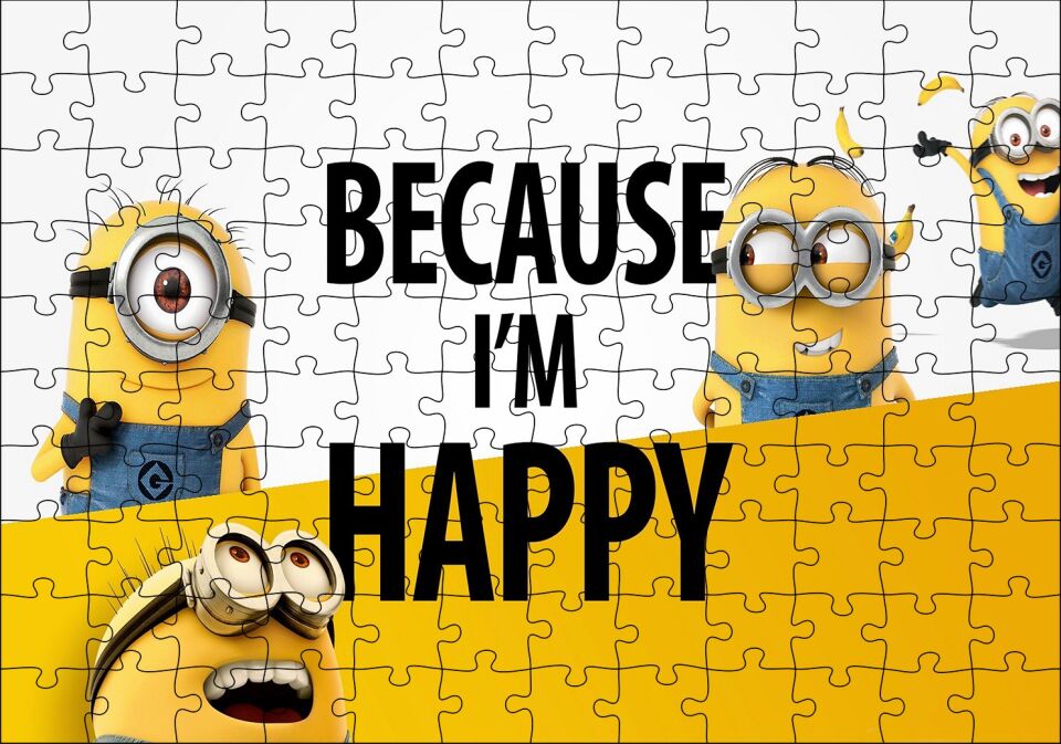 Minyonlar Çünkü Mutluyum Yazılı Puzzle Yapboz MDF Ahşap 120 Parça 24 cm X 34 cm