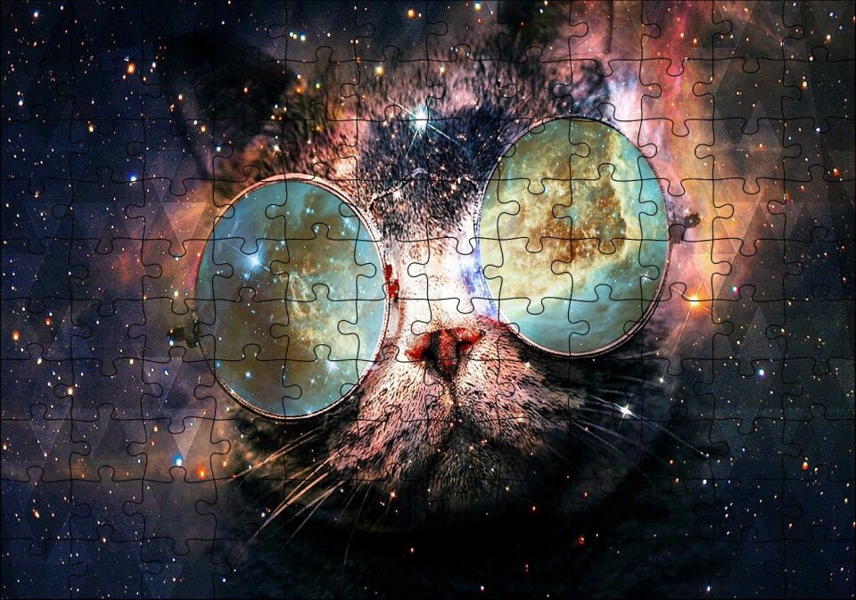 Güneş Gözlüklü Kedi ve Galaksiler Puzzle Yapboz MDF Ahşap 120 Parça 24 cm X 34 cm