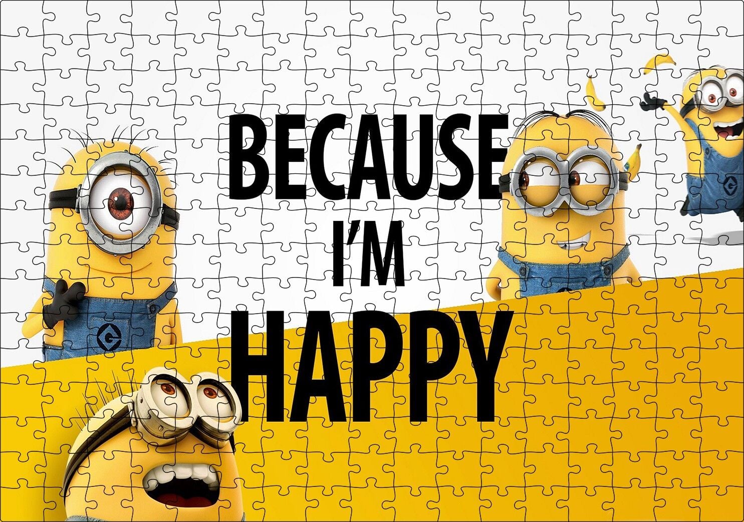 Minyonlar Çünkü Mutluyum Yazılı Puzzle Yapboz MDF Ahşap 255 Parça 34 cm X 49 cm