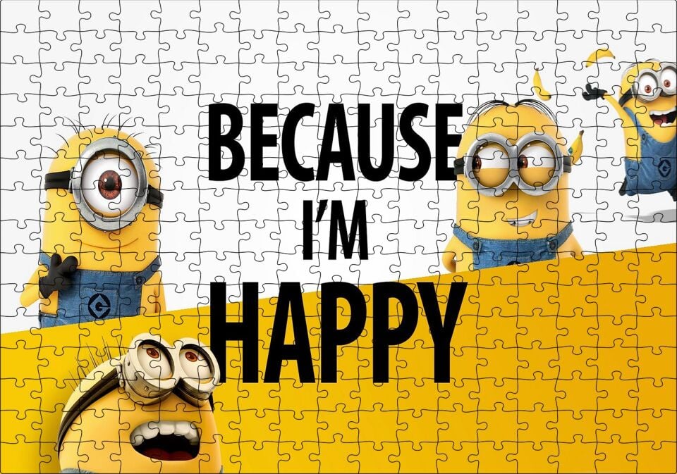 Minyonlar Çünkü Mutluyum Yazılı Puzzle Yapboz MDF Ahşap 255 Parça 34 cm X 49 cm